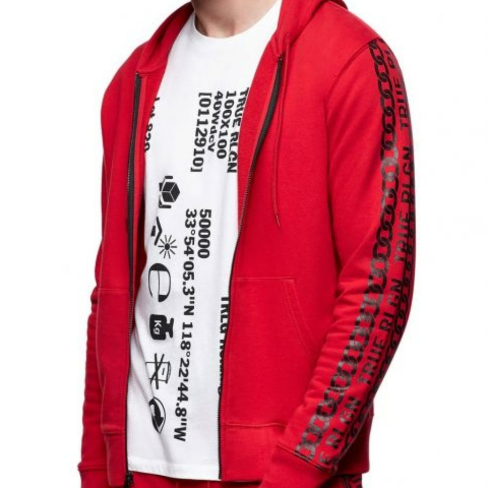 Mens True Religion Red Graphic Sleeve Zip Hood Lg